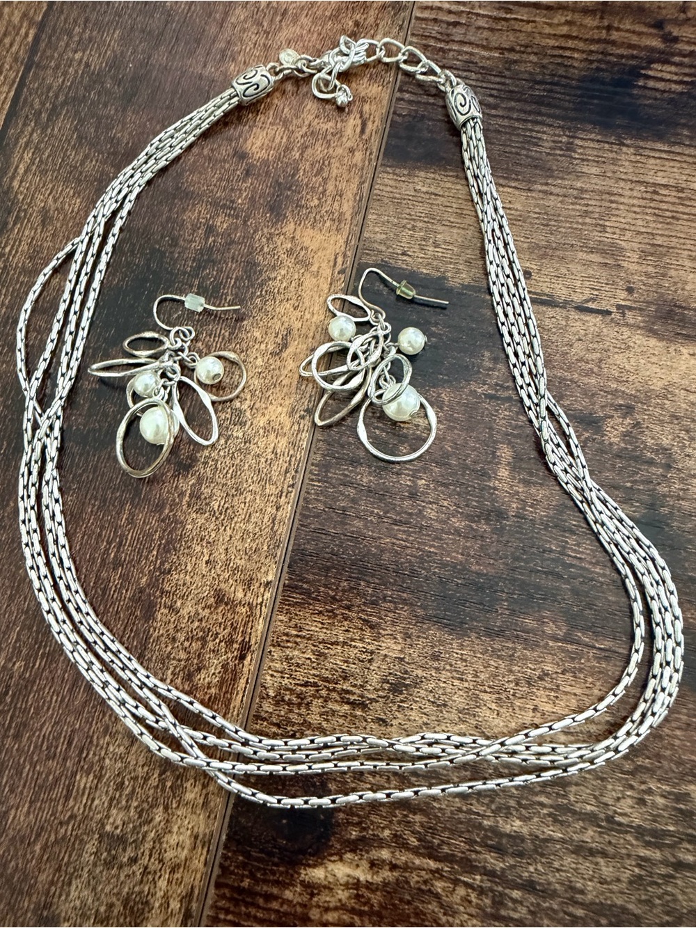 Silver-Tone Multi-Strand Necklace with Pearl Accent Dangle Earrings